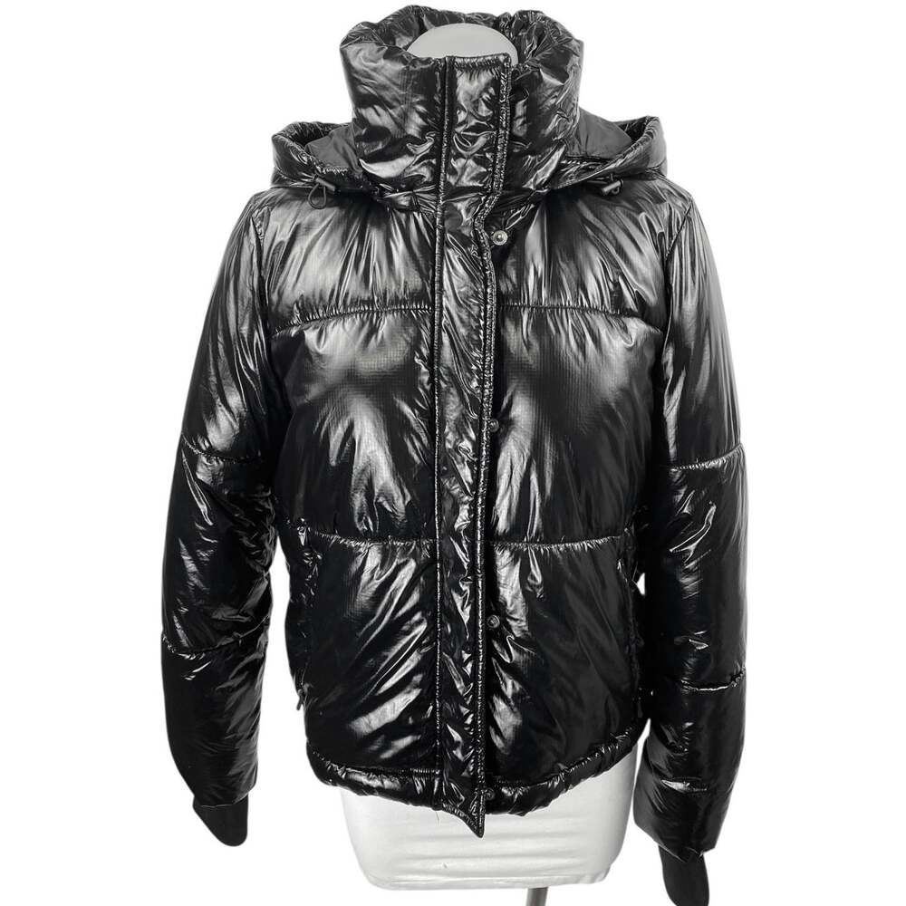 Gap Fit Women's Black Full Zip Snap Button Hoodie Hooded Crop Puffer Jacket Sz M